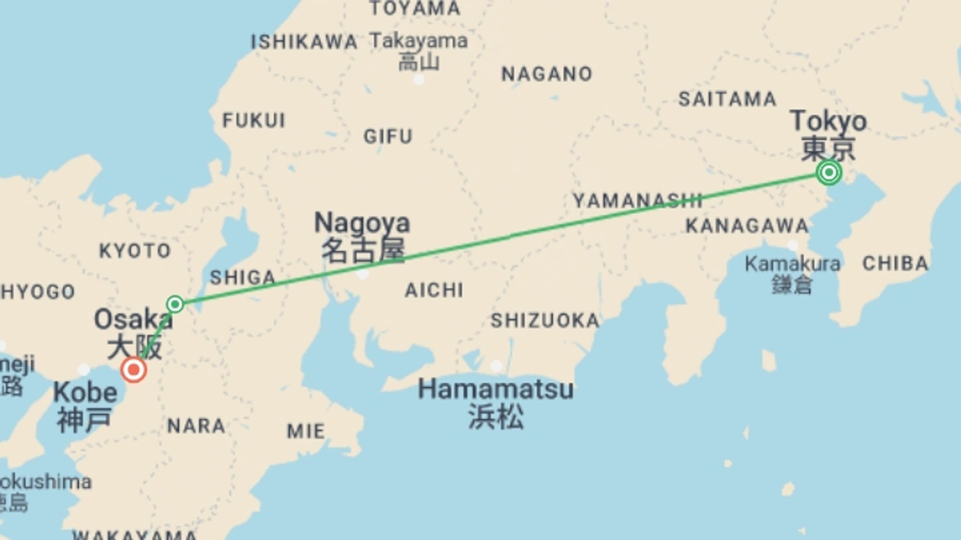 A map showing the tour itinerary for the trip: Japan Highlights Family Holiday, starting in Tokyo, Japan and ending in Osaka, Japan going through 1 other destinations.
