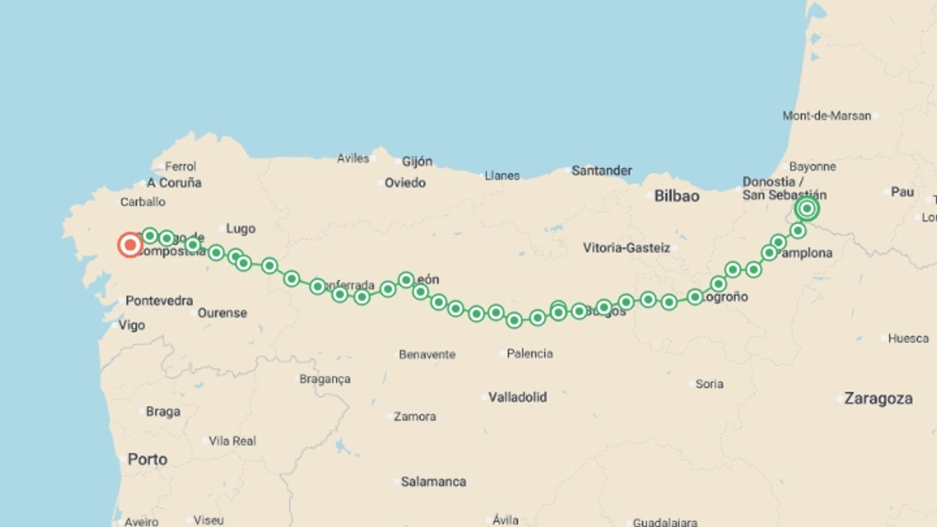 A map showing the tour itinerary for the trip: Full Spanish Camino Plus, starting in Saint-Jean-Pied-de-Port, France and ending in Santiago De Compostela, Spain going through 33 other destinations.