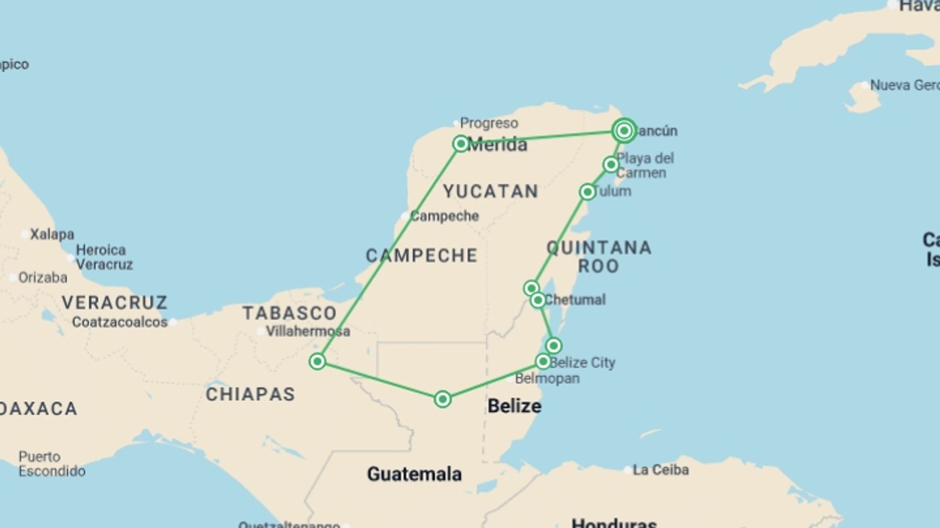 A map showing the tour itinerary for the trip: Mexico & Guatemala Circuit (from Cancun) Travel Pass, starting in Cancún, Mexico and ending in Cancún, Mexico going through 9 other destinations.