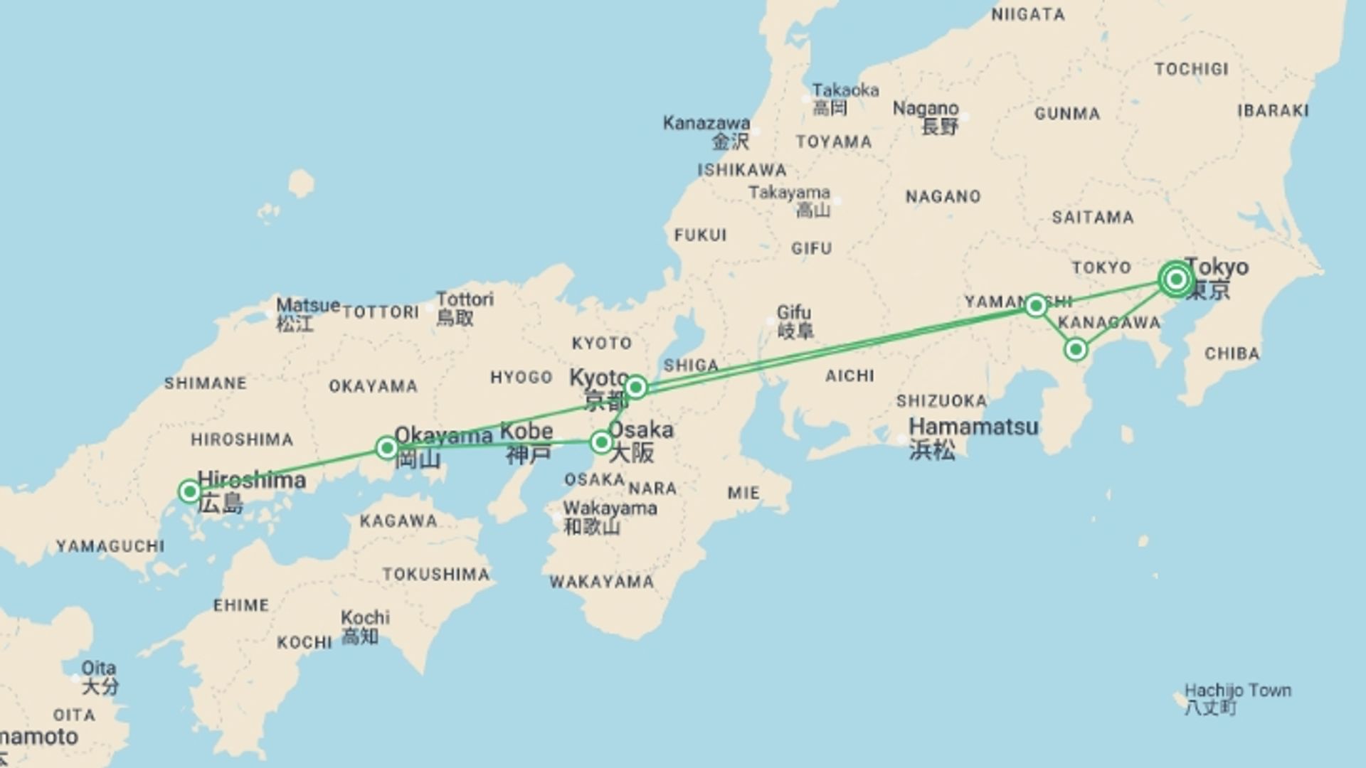 A map showing the tour itinerary for the trip: Essential Japan and Hakone end Tokyo, starting in Tokyo, Japan and ending in Tokyo, Japan going through 6 other destinations.