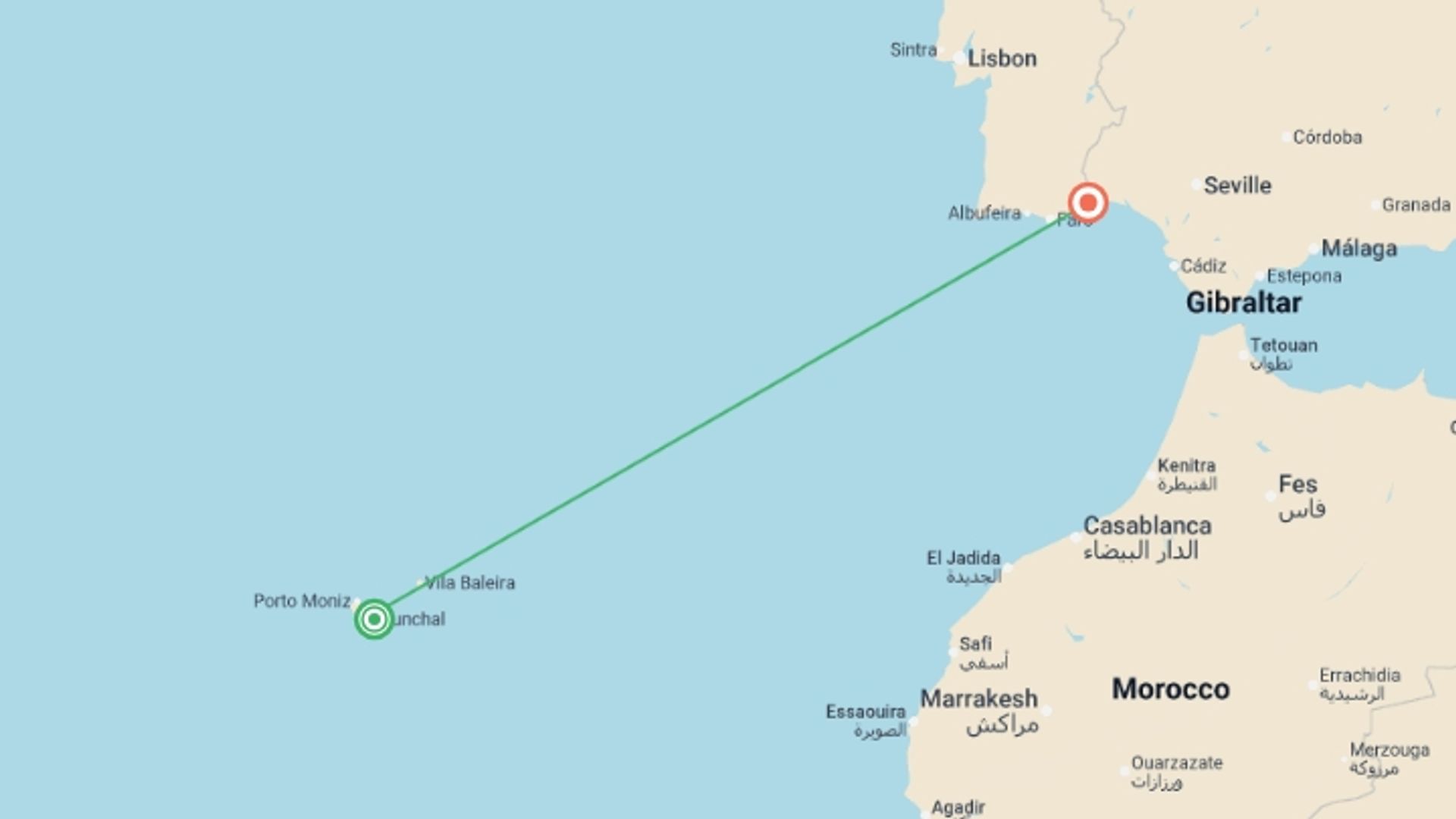 A map showing the tour itinerary for the trip: Hiking in Madeira, starting in Funchal, Portugal and ending in Vila Real De Santo António, Portugal going through 1 other destinations.