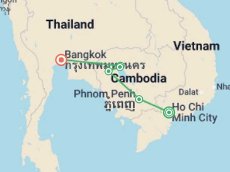 Map itinerary of Asia Tour in February 2026 with 6 destination visits for the trip: Cambodian Traveller