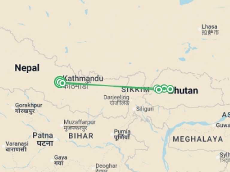 Map itinerary of Thimphu Tour in June 2026 with 7 destination visits for the trip: Himalayan Kingdoms