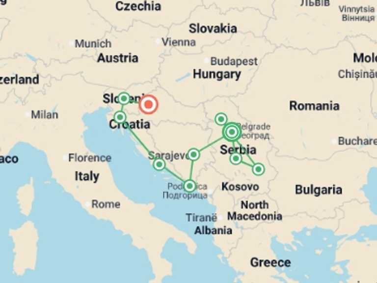 Map itinerary of Mediterranean Tour in March 2027 with 10 destination visits for the trip: Jewels of Serbia and the Balkans, Ending in Zagreb