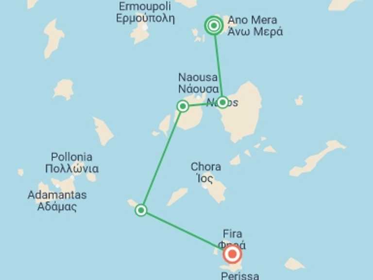 Map of Santorini Cultural, religious and historic sites Tour with 5 destination visits for the trip: Sailing Greece - Mykonos to Santorini