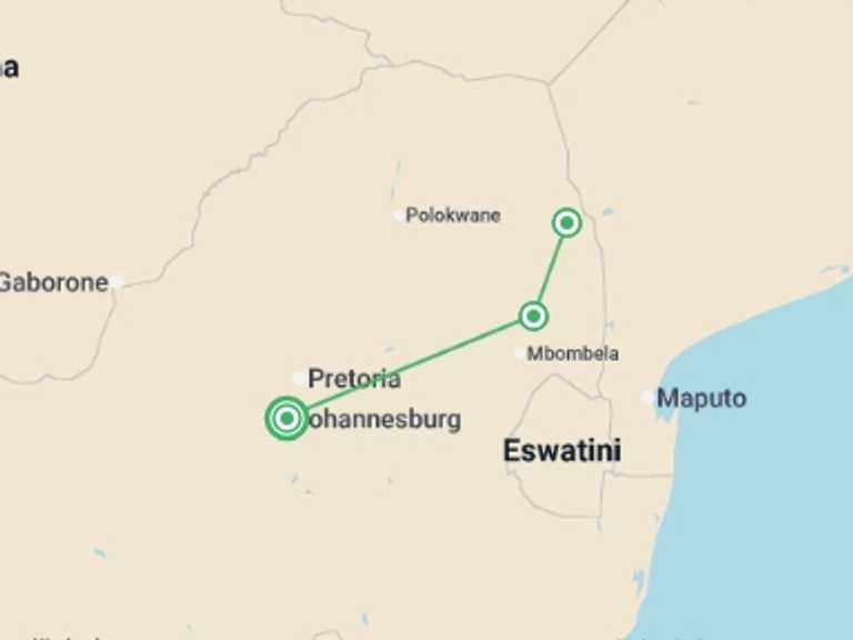 Map itinerary of Africa Tour in December 2026 with 3 destination visits for the trip: Kruger Park Highlights