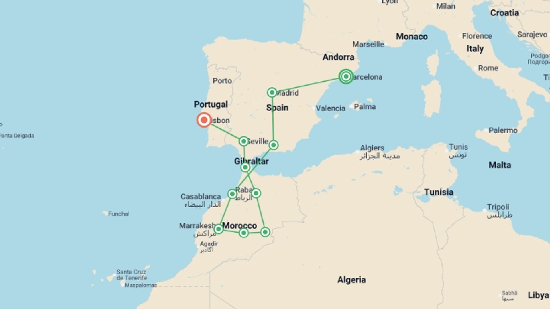 A map showing the tour itinerary for the trip: Barcelona, Madrid, Mysterious Morocco and Lisbon, starting in Barcelona, Spain and ending in Lisbon, Portugal going through 9 other destinations.