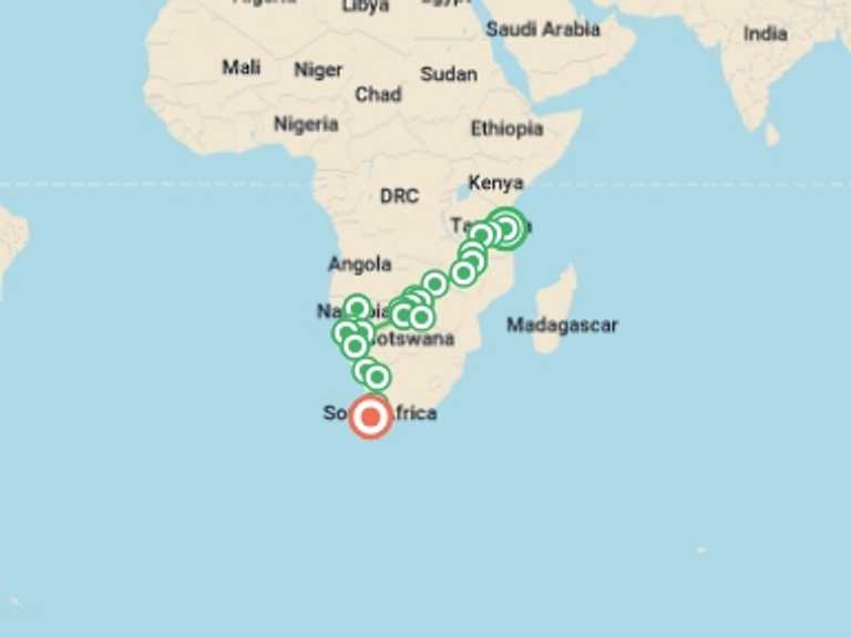 Map of Windhoek Wildlife Tour with 24 destination visits for the trip: 34-day Zanzibar to Cape Town Camping