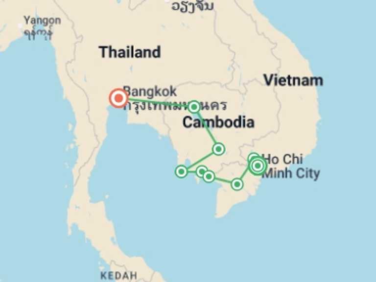 Map of a Sightseeing, attractions, culture and history Tour with 10 destination visits for the trip: Family Vietnam, Cambodia & Thailand Journey