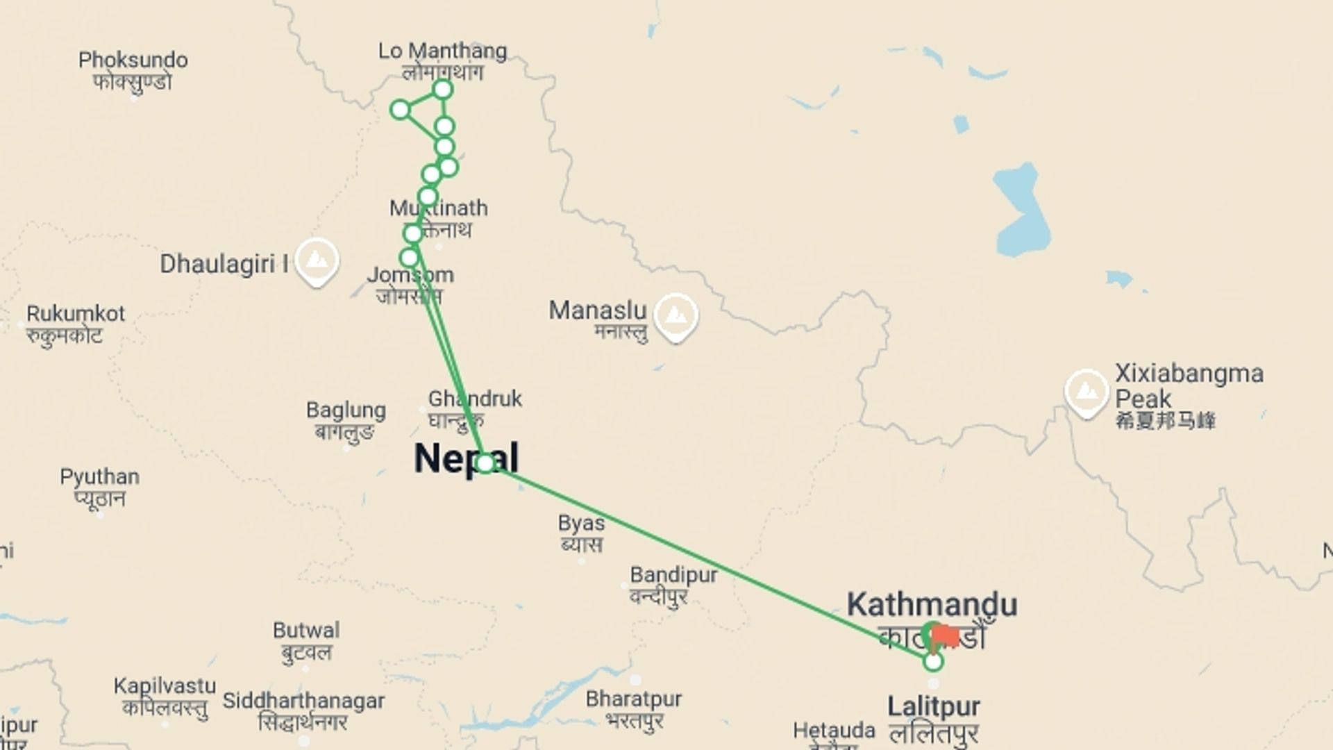 A map showing the tour itinerary for the trip: Upper Mustang trek, starting in Kathmandu, Nepal and ending in Kathmandu, Nepal going through 11 other destinations.