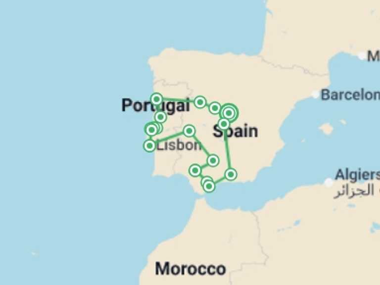 Map itinerary of Europe Tour in Winter with 8 destination visits for the trip: Portugal And Andalusia (multi Country)