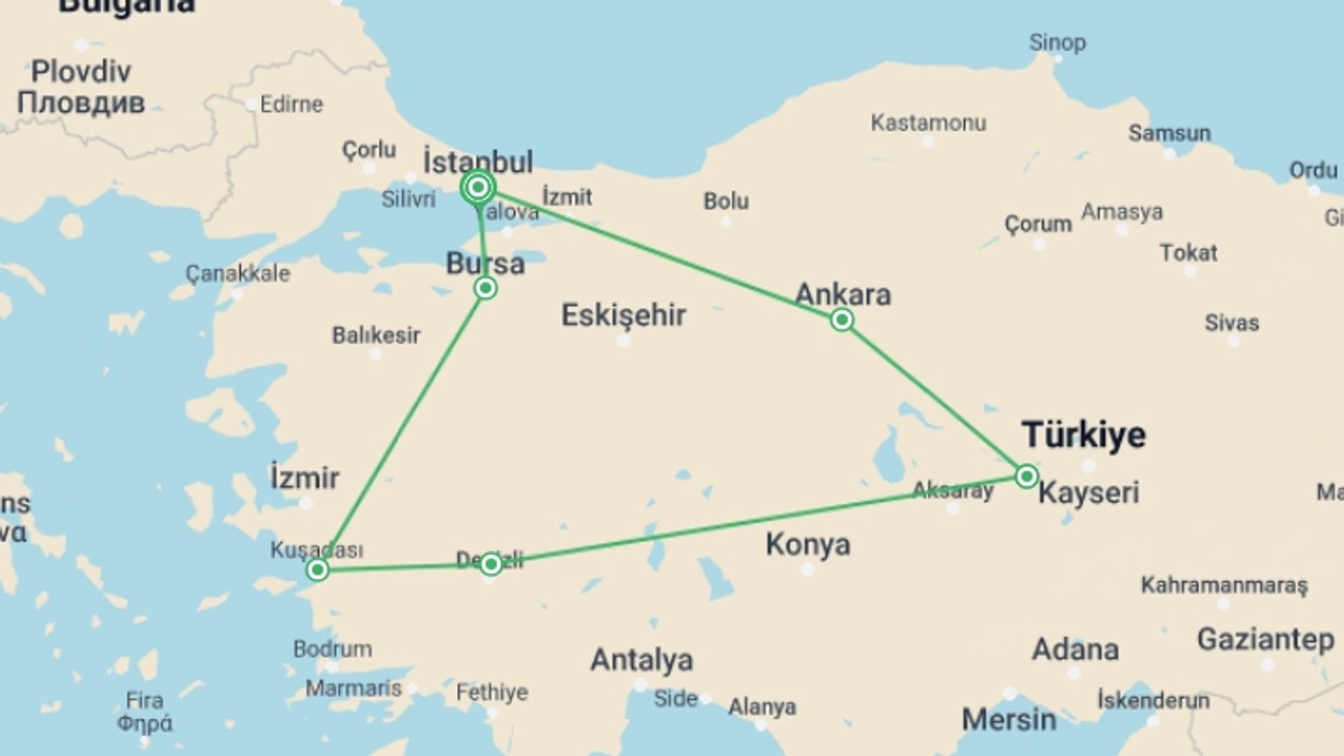 A map showing the tour itinerary for the trip: Turkey Super Saver (small Group), starting in Istanbul, Turkey and ending in Istanbul, Turkey going through 5 other destinations.