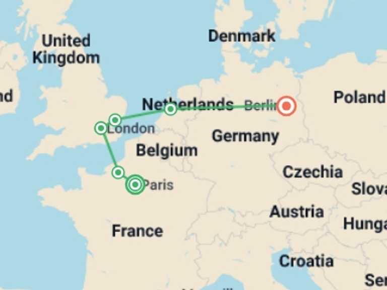 Map itinerary of Europe Tour in June 2026 with 6 destination visits for the trip: Paris and European Capitals GO