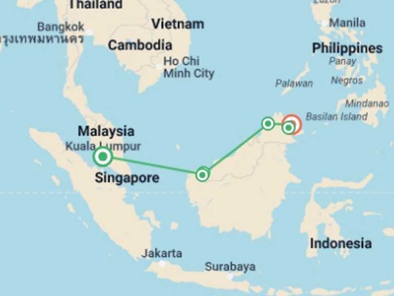 Map itinerary of Malaysia Tour in August 2026 with 7 destination visits for the trip: Borneo Adventure