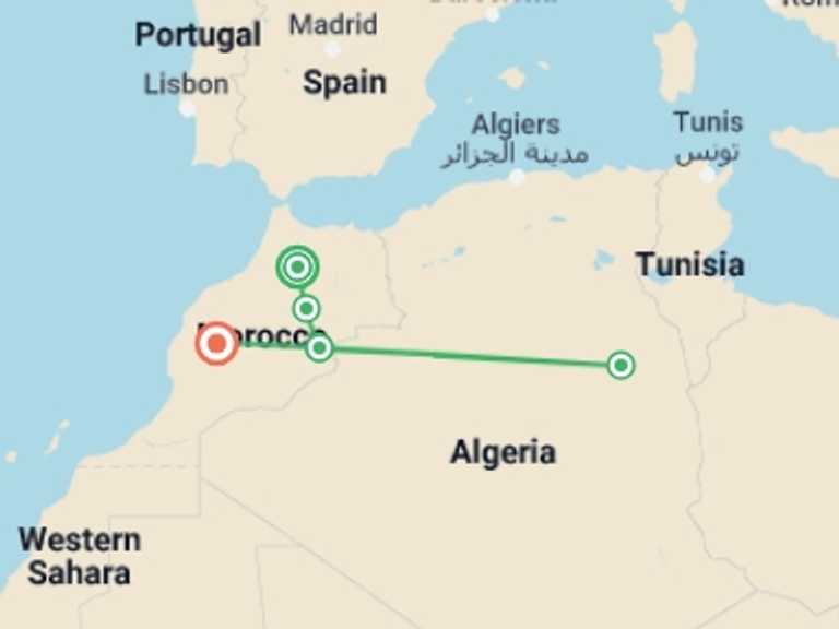 Map of Morocco Tour with 2 destination visits for the trip: Cultural & Exotic Adventure