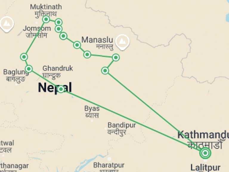 Map of Pokhara Trekking and Hiking Tour with 13 destination visits for the trip: Annapurna Circuit Trek