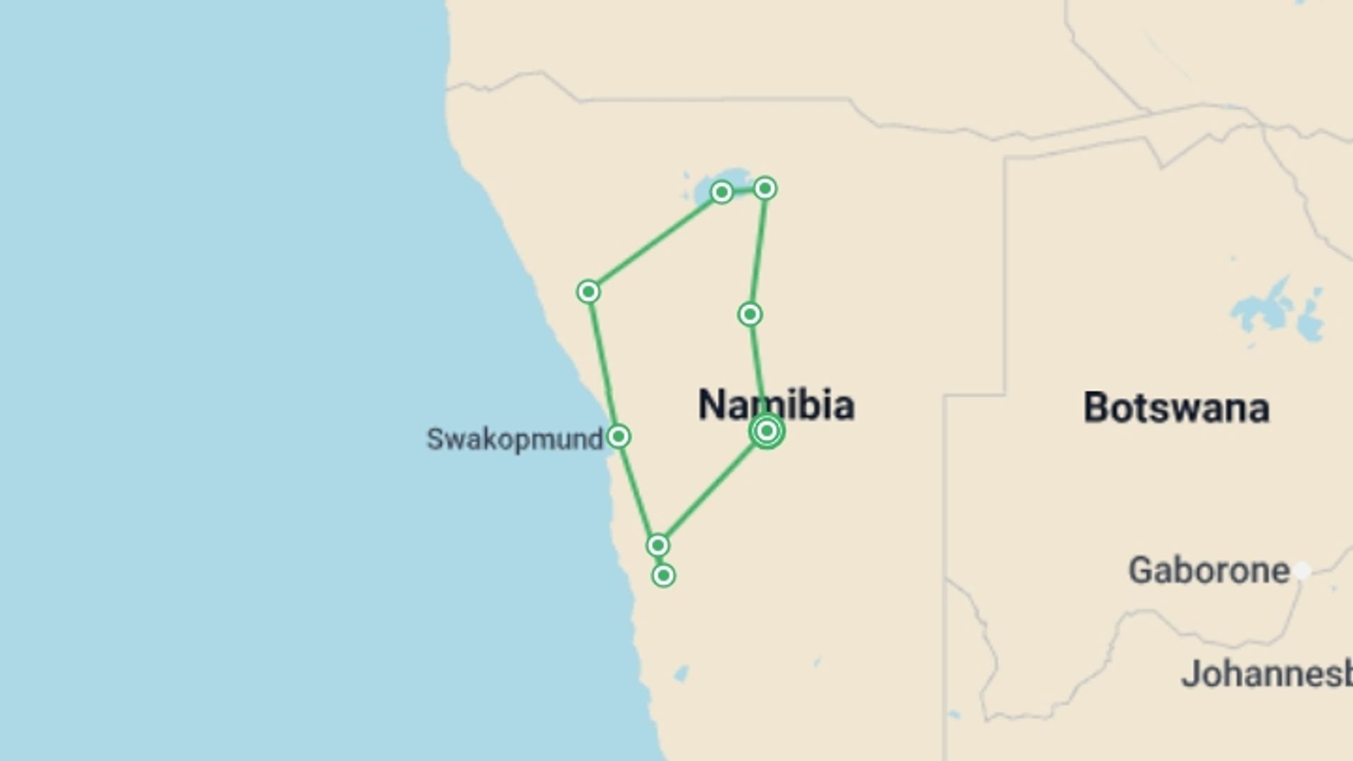 A map showing the tour itinerary for the trip: Discover Namibia In Style, starting in Windhoek, Namibia and ending in Windhoek, Namibia going through 7 other destinations.
