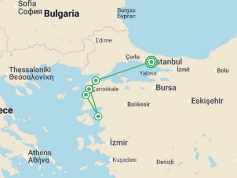 Map itinerary of Europe Tour in April 2027 with 3 destination visits for the trip: ANZAC Day Gallipoli Tour - 6 days
