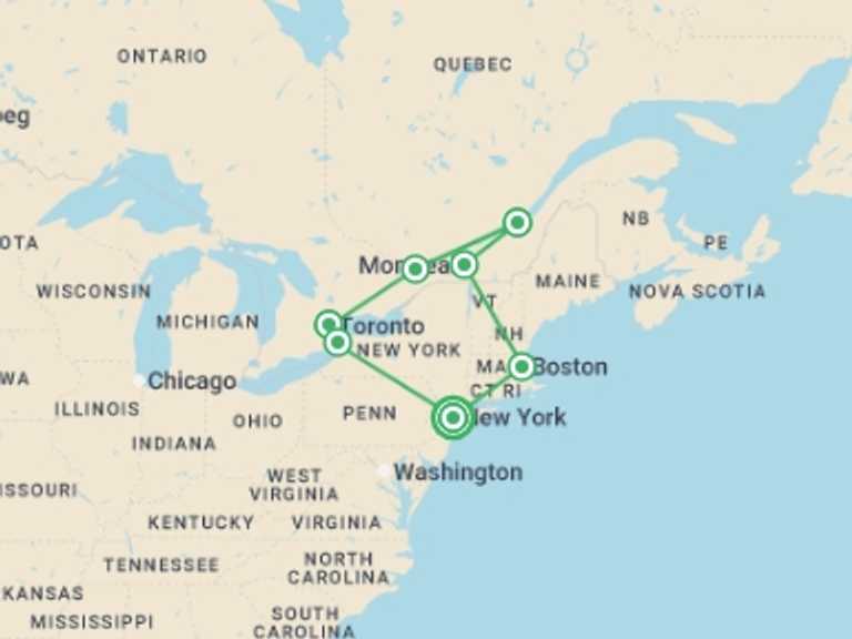 Map of North America Tour with 7 destination visits for the trip: East Coast and Dreamed Canada
