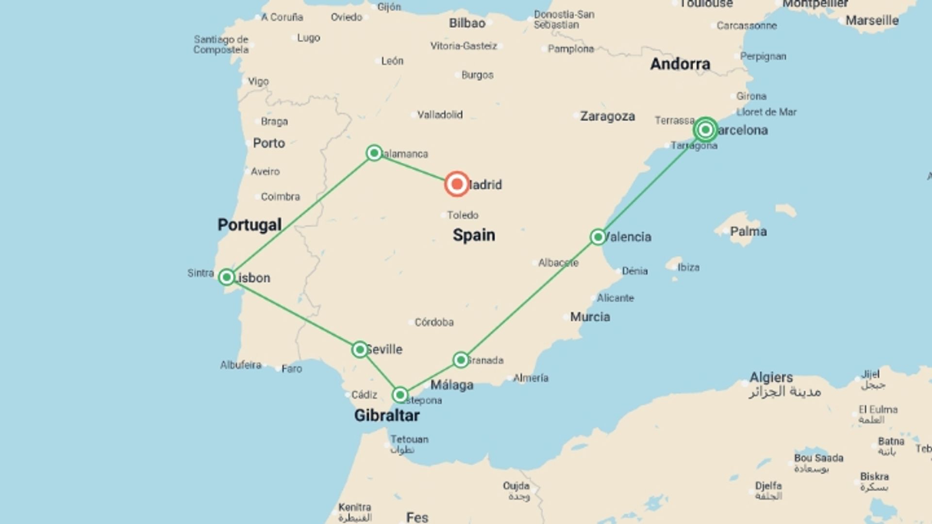 A map showing the tour itinerary for the trip: Iberian Explorer, starting in Barcelona, Spain and ending in Madrid, Spain going through 6 other destinations.
