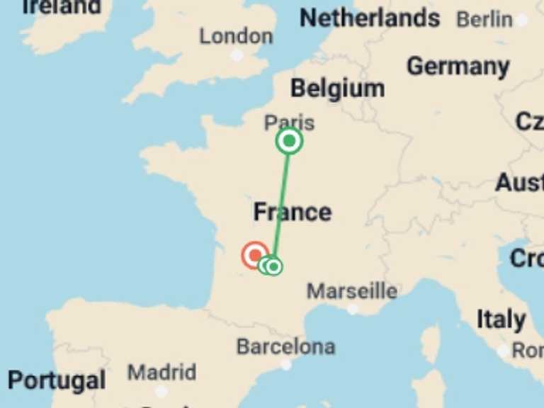 Map of 9-Day Paris Tour with 5 destination visits for the trip: Dordogne River Walk