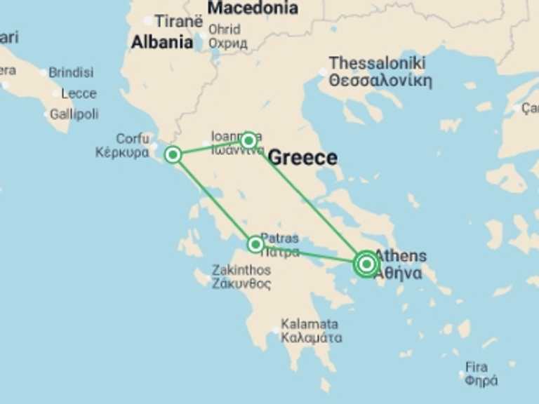 Map of Europe Tour with 4 destination visits for the trip: Peloponnese and Meteoras