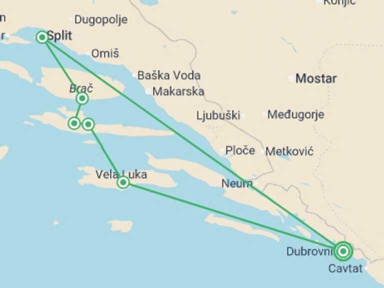 Map itinerary of Balkans Tour in Fall with 5 destination visits for the trip: Dubrovnik and the Islands of the Dalmatian Coast