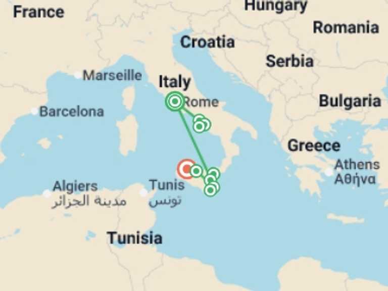 Map of Europe Tour with 9 destination visits for the trip: Italian Escape and Sicily