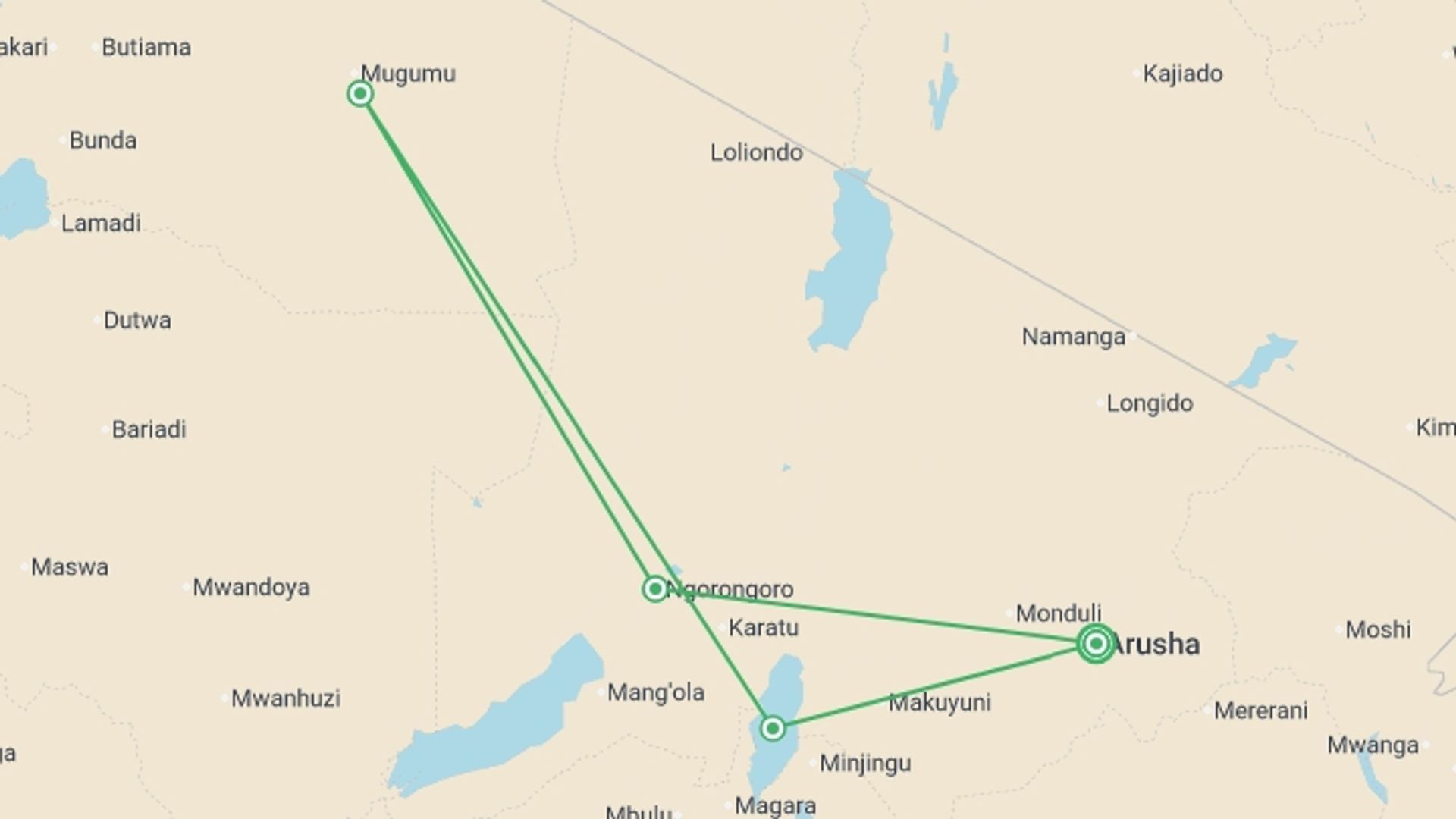 A map showing the tour itinerary for the trip: Tanzania & Zambia Big 5 Safari Tour, starting in Arusha, Tanzania and ending in Arusha, Tanzania going through 3 other destinations.