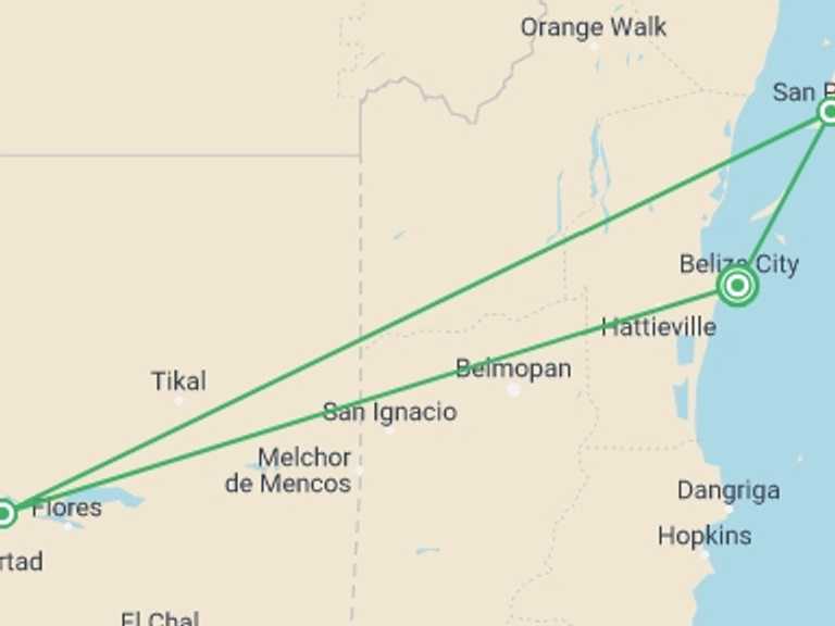 Map itinerary of Belize Tour in March 2026 with 3 destination visits for the trip: Belize Jungle and Beach