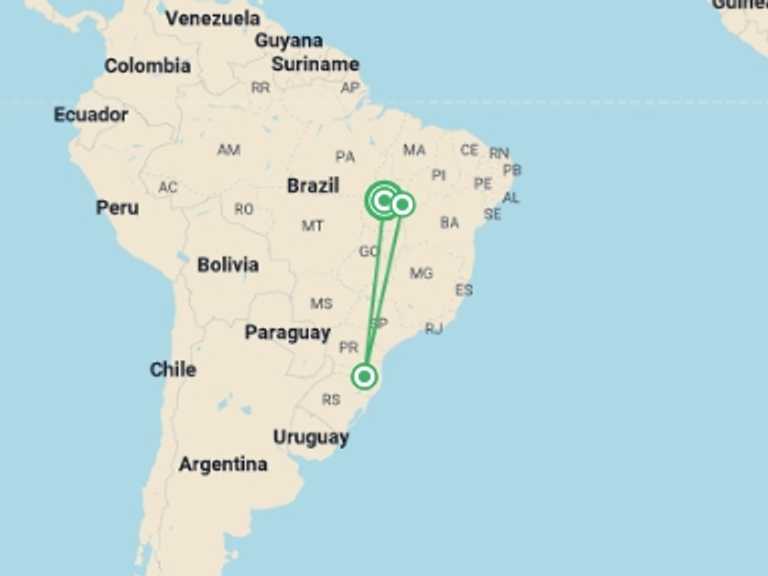 Map itinerary of South America Tour in July 2026 with 5 destination visits for the trip: Jalapão Experience