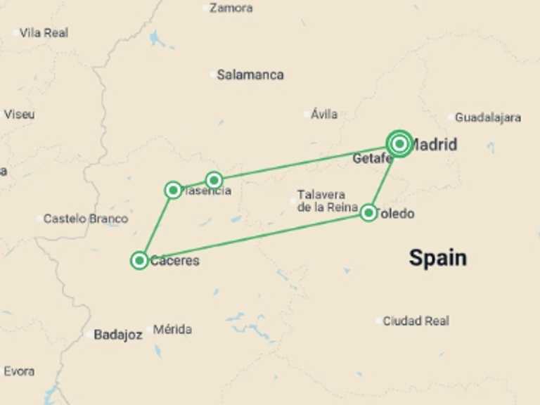 Map of Europe Tour with 4 destination visits for the trip: Classical Extremadura, Self-drive