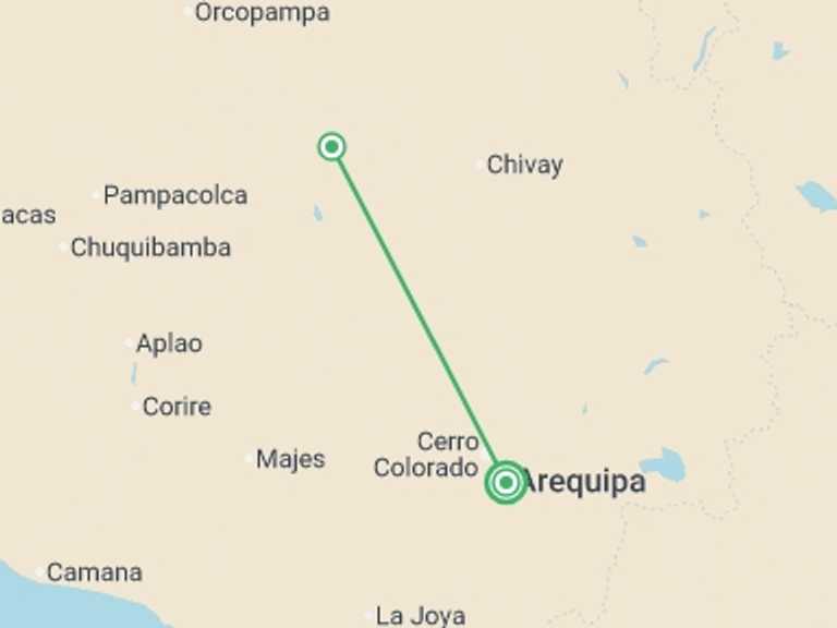 Map of Arequipa Explorer Tour with 2 destination visits for the trip: 2-Day Colca Canyon Trek - Private Room - Transp/Guide