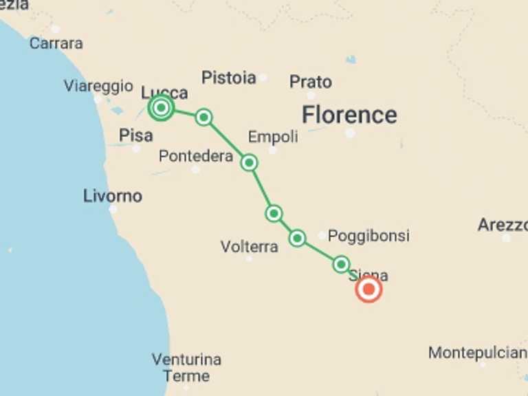 Map itinerary of Italy Tour in August 2027 with 8 destination visits for the trip: Via Francigena: Walk from Lucca to Siena