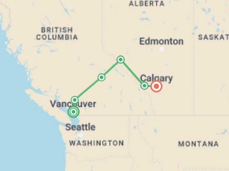 Map of 9-Day Canada Tour with 7 destination visits for the trip: Western Canada Discovery