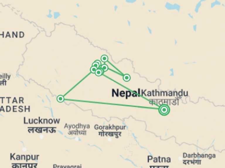 Map itinerary of Nepal Tour in Winter with 12 destination visits for the trip: Lower Dolpo Circuit Trek
