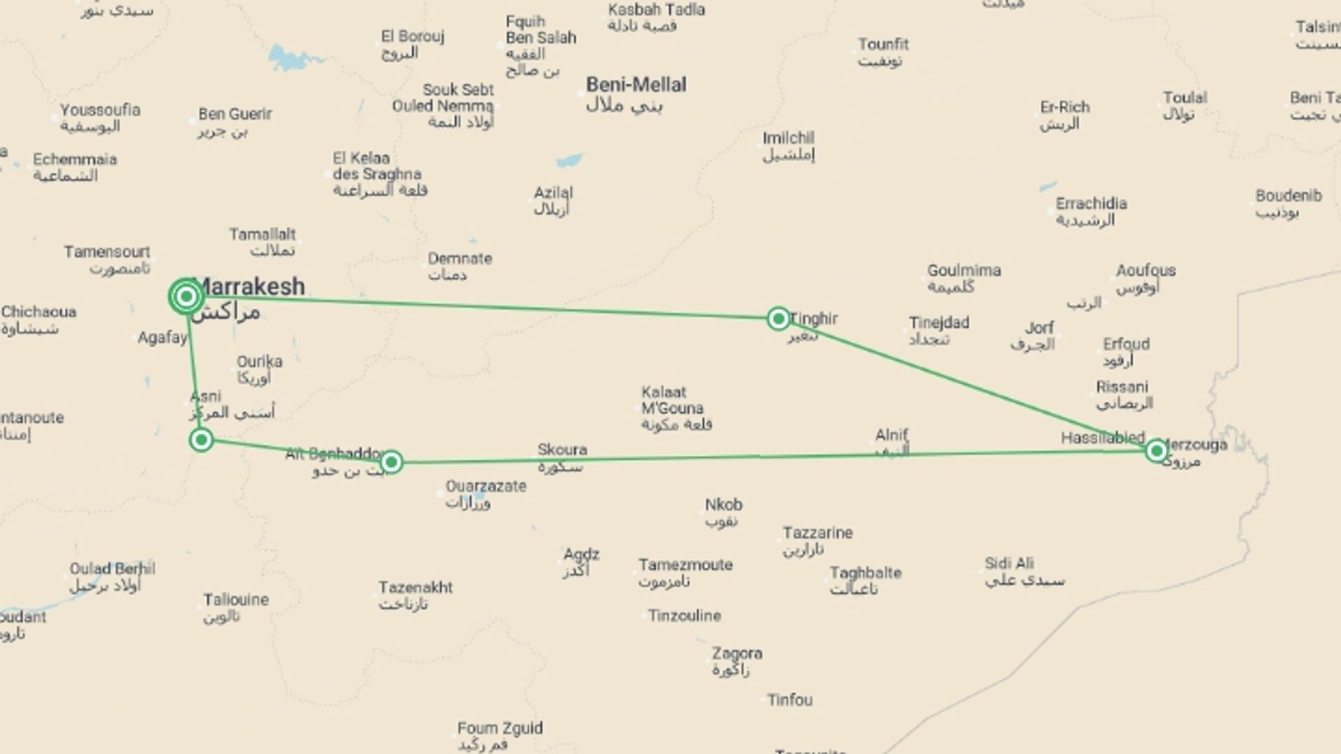 A map showing the tour itinerary for the trip: One Week in Morocco: Sahara & Todra Gorge, starting in Marrakech, Morocco and ending in Marrakech, Morocco going through 4 other destinations.