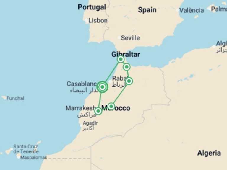 Map itinerary of Mediterranean Tour in July 2026 with 6 destination visits for the trip: Classic Northern Morocco - 9 days