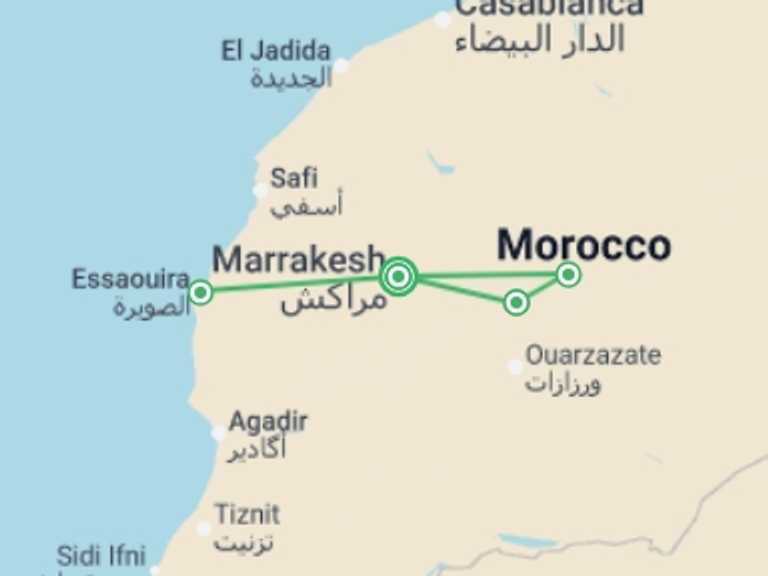 Map itinerary of Africa Tour in Fall with 6 destination visits for the trip: Atlas & Atlantic Coast - 10 days