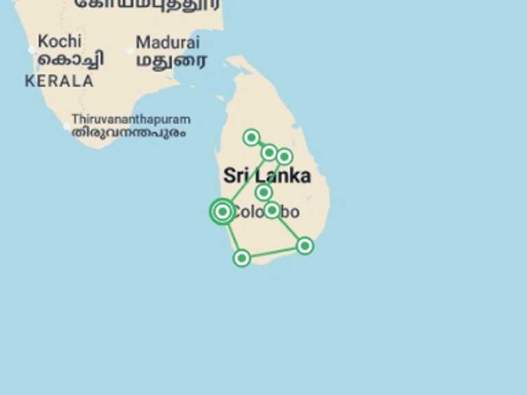 Map itinerary of Asia Tour in February 2027 with 9 destination visits for the trip: Wonders of Sri Lanka