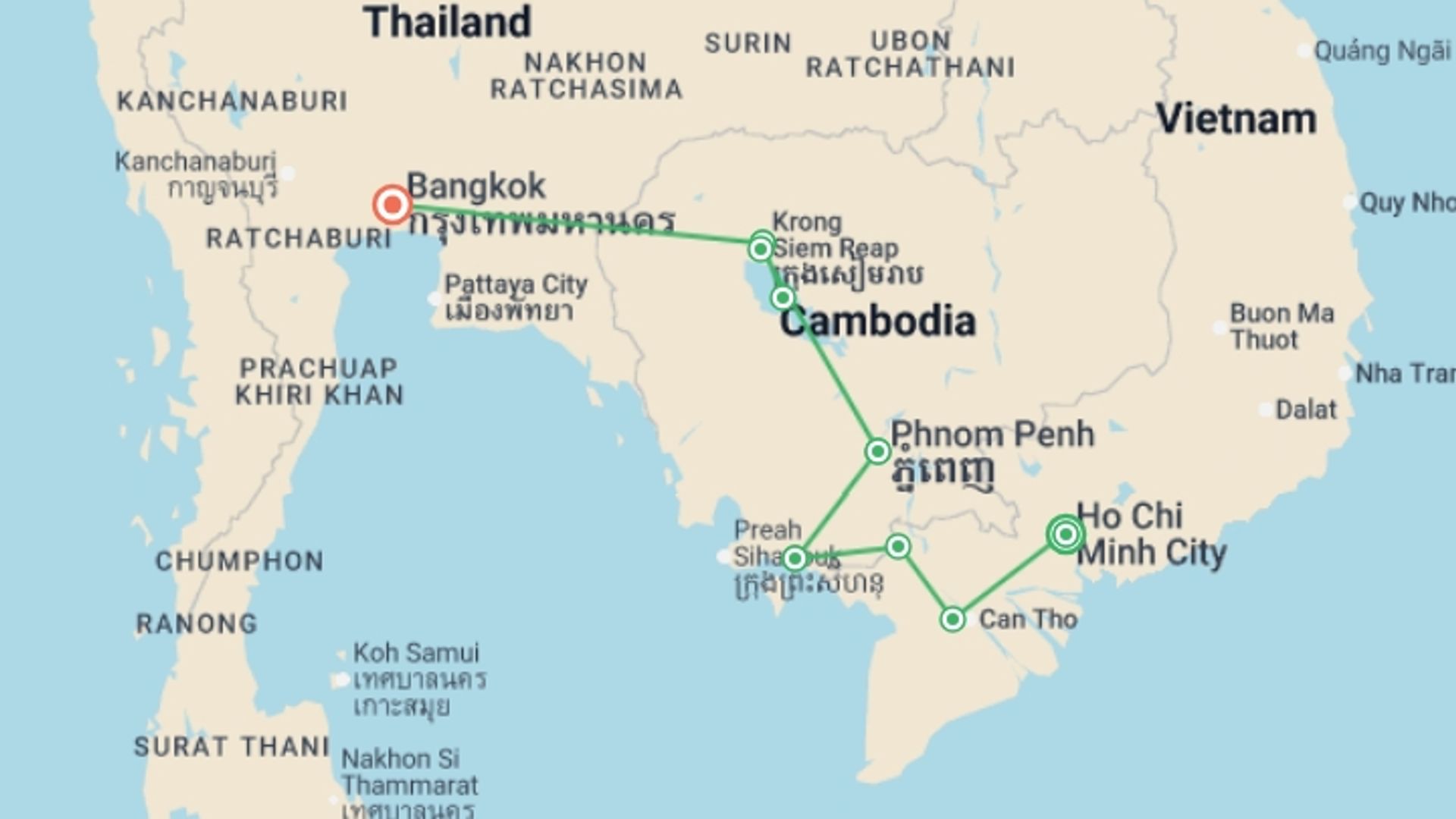 A map showing the tour itinerary for the trip: Southeast Asia Explorer, starting in Ho Chi Minh City, Vietnam and ending in Bangkok, Thailand going through 6 other destinations.