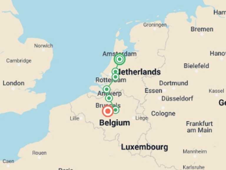 Map of a Bicycle Tour with 7 destination visits for the trip: Cycling from Amsterdam to Brussels