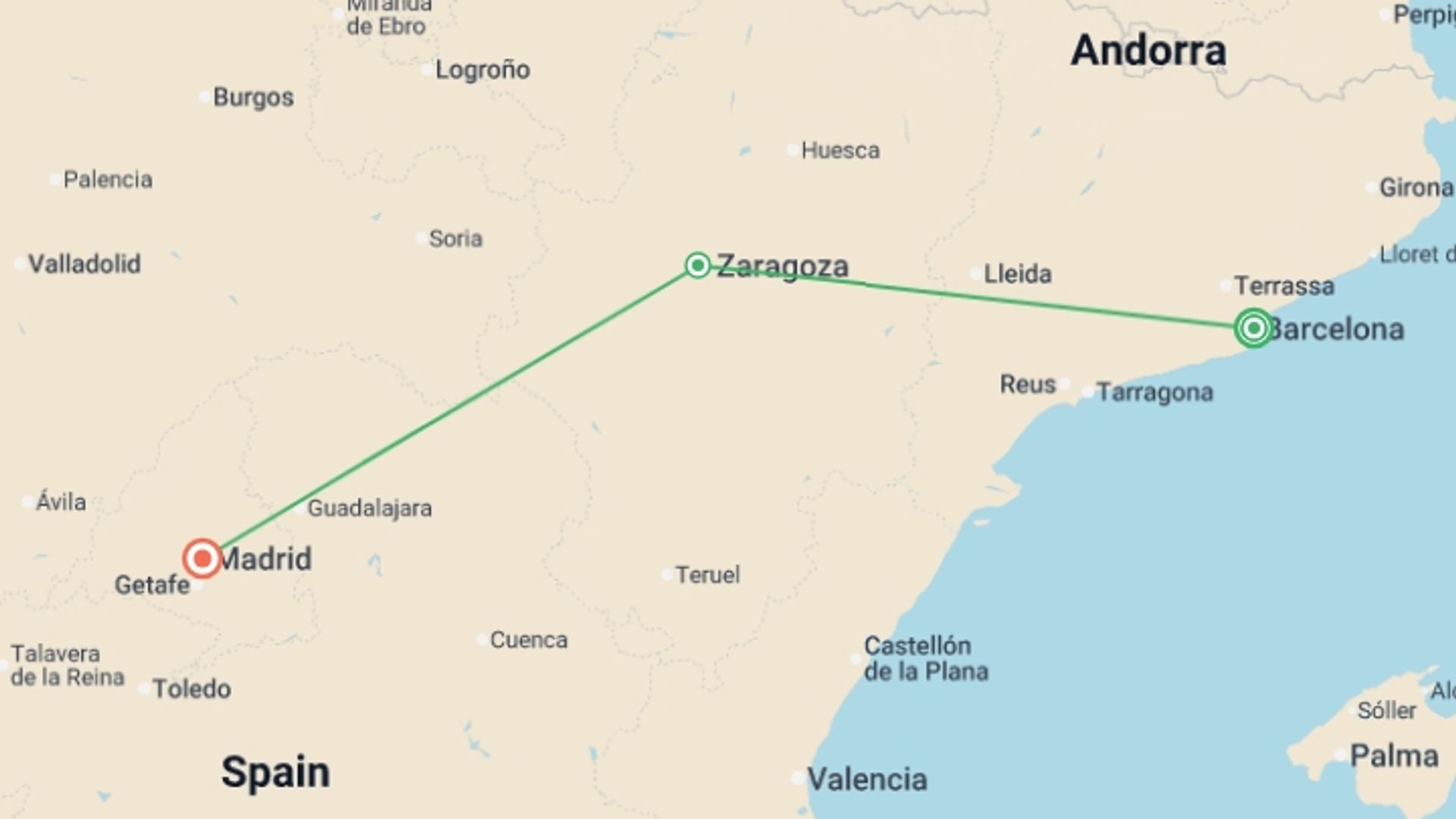 A map showing the tour itinerary for the trip: Barcelona, Zaragoza & Madrid - 5 days, starting in Barcelona, Spain and ending in Madrid, Spain going through 0 other destinations.