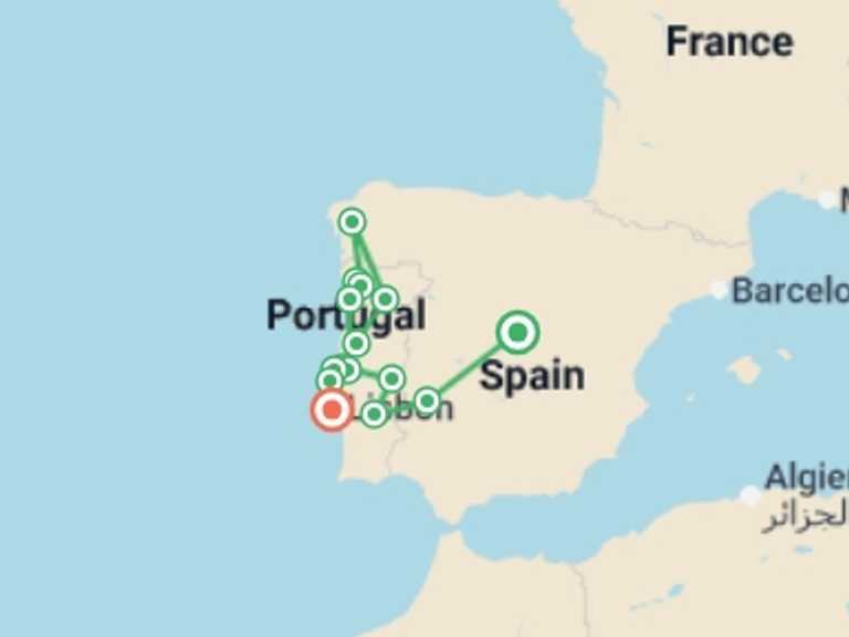 Map of Lisbon Sightseeing Tour with 6 destination visits for the trip: Northern and Southern Portugal end Lisbon