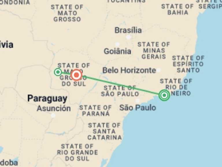 Map of a Eco Tour with 3 destination visits for the trip: Rio de Janeiro & Pantanal Wildlife