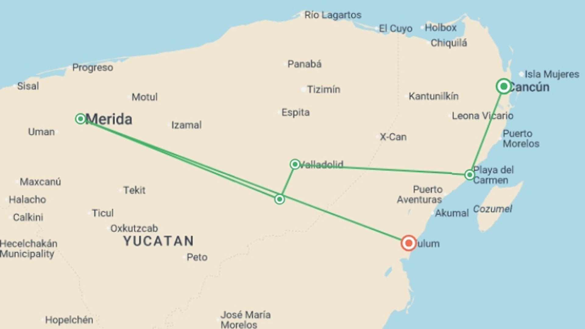 A map showing the tour itinerary for the trip: Premium Mexico Yucatan Highlights, starting in Playa Del Carmen, Mexico and ending in Tulum, Mexico going through 5 other destinations.