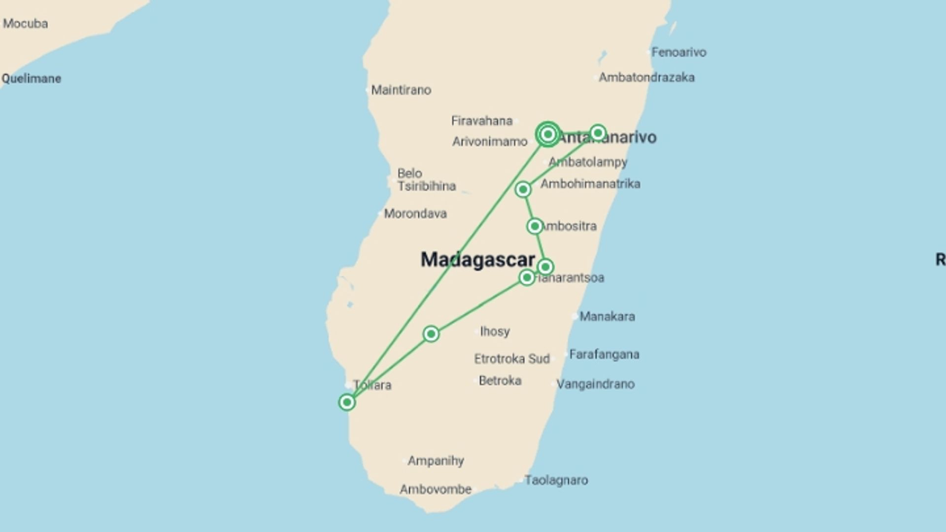 A map showing the tour itinerary for the trip: Madagascar Adventure, starting in Antananarivo, Madagascar and ending in Antananarivo, Madagascar going through 7 other destinations.