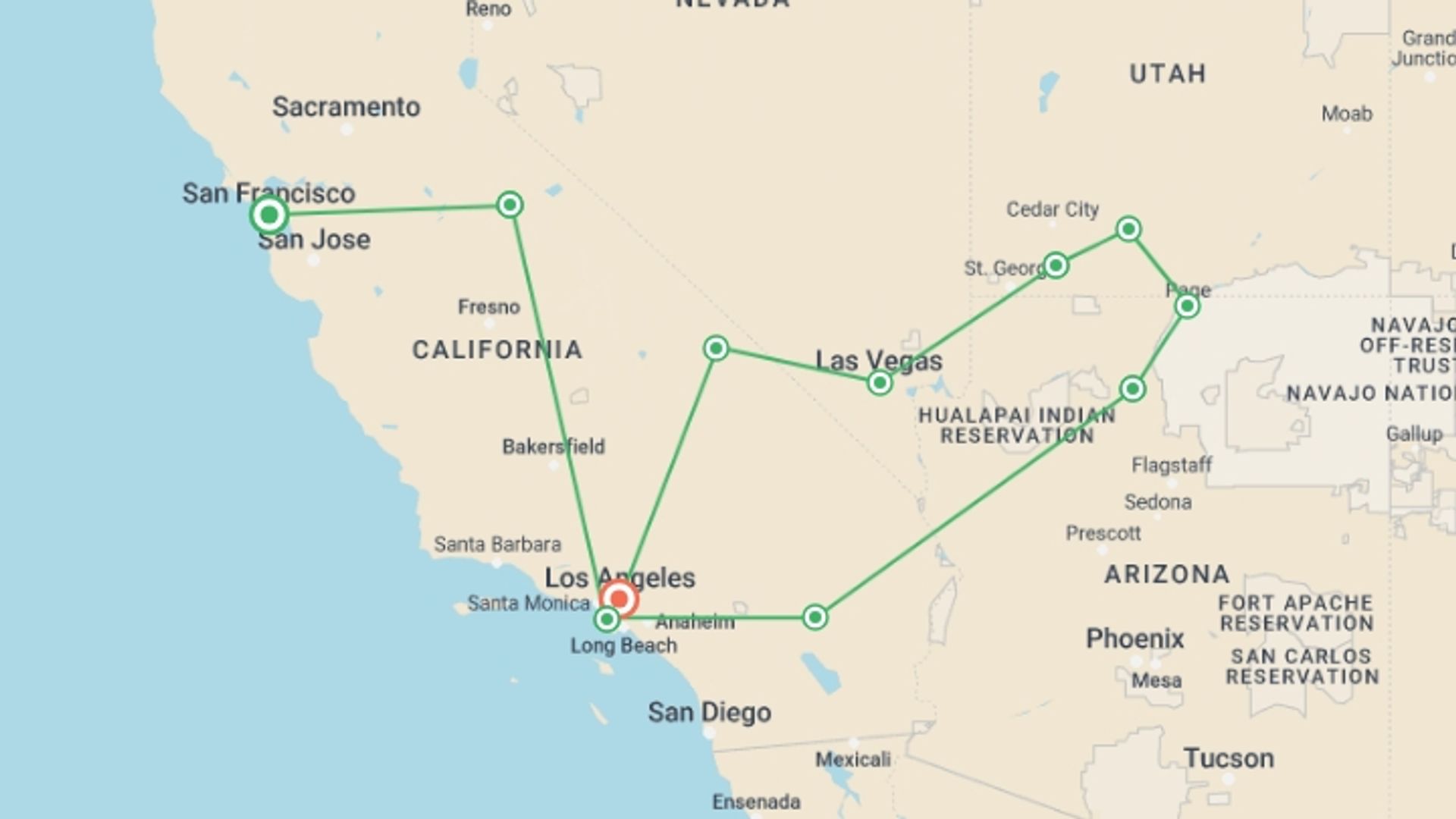 A map showing the tour itinerary for the trip: USA Road Trip: Big Cities & West Coast Parks, starting in San Francisco, USA and ending in Los Angeles, USA going through 9 other destinations.