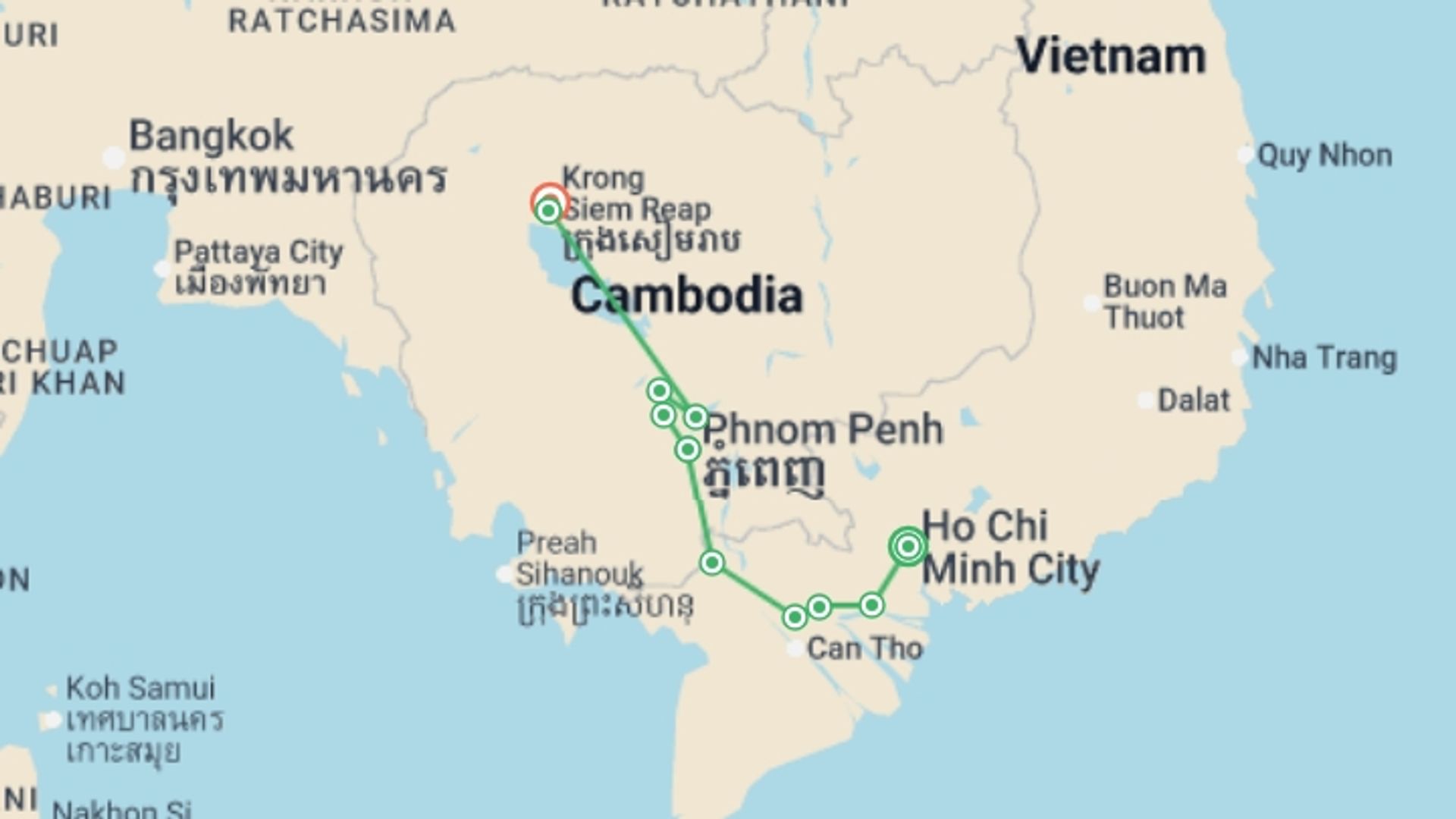 A map showing the tour itinerary for the trip: The Mekong in a different way - Between adventure and must-seesites (port-to-port cruise), starting in Ho Chi Minh City, Vietnam and ending in Angkor Wat, Cambodia going through 6 other destinations.
