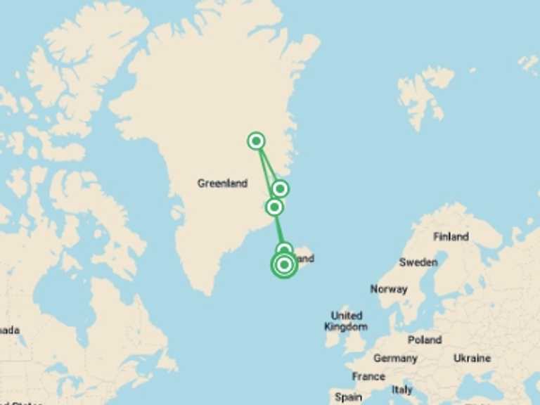 Map of Reykjavik Polar expeditions and cruise Tour with 5 destination visits for the trip: Iceland to Greenland: Total Solar Eclipse (13 days)